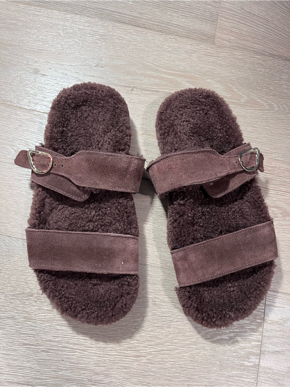 Ancient Greek Sandals Latria Shearling Suede Slides Brown 36
